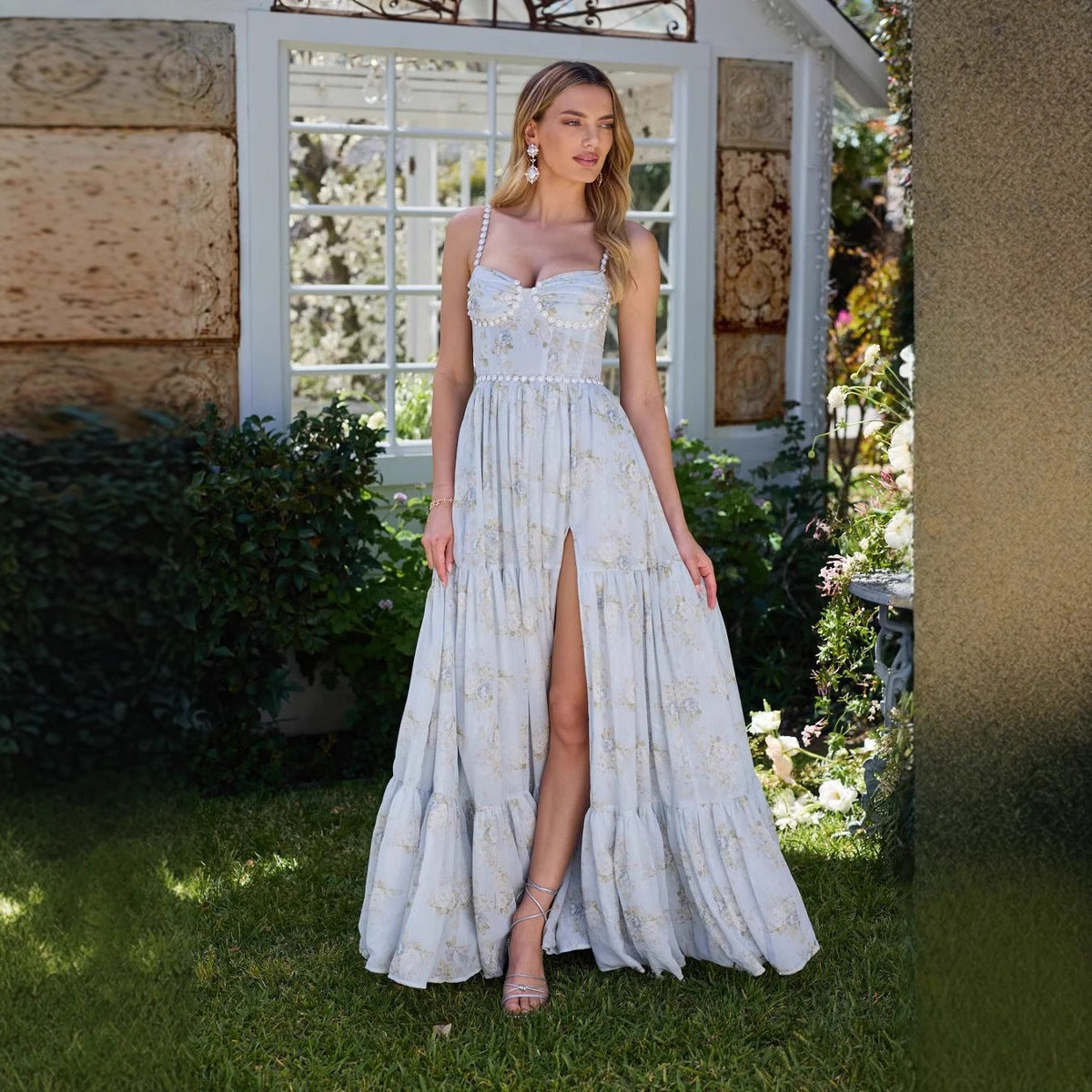 Robe Longue Évasée Dos Nu Imprimé Fleuri