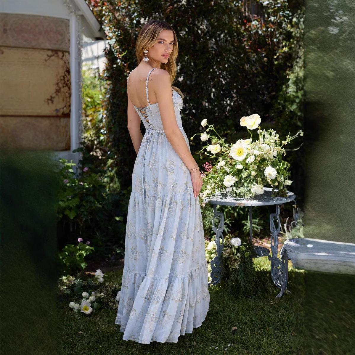 Robe Longue Évasée Dos Nu Imprimé Fleuri